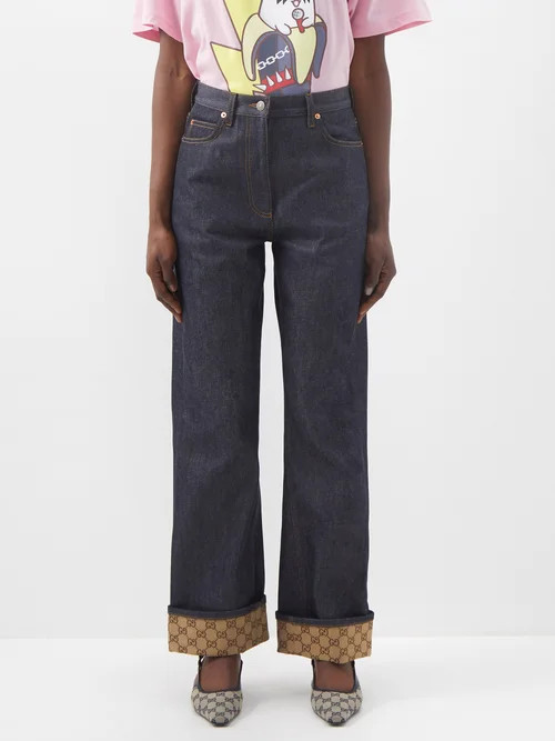 Gucci - GG Supreme-canvas Hem Relaxed-fit Jeans - Womens - Dark Denim | Matches (US)