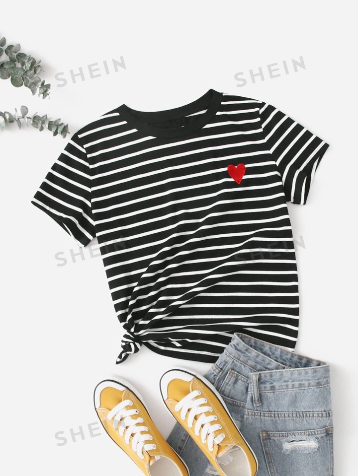 SHEIN EZwear Summer Heart Embroidery Striped Tee | SHEIN
