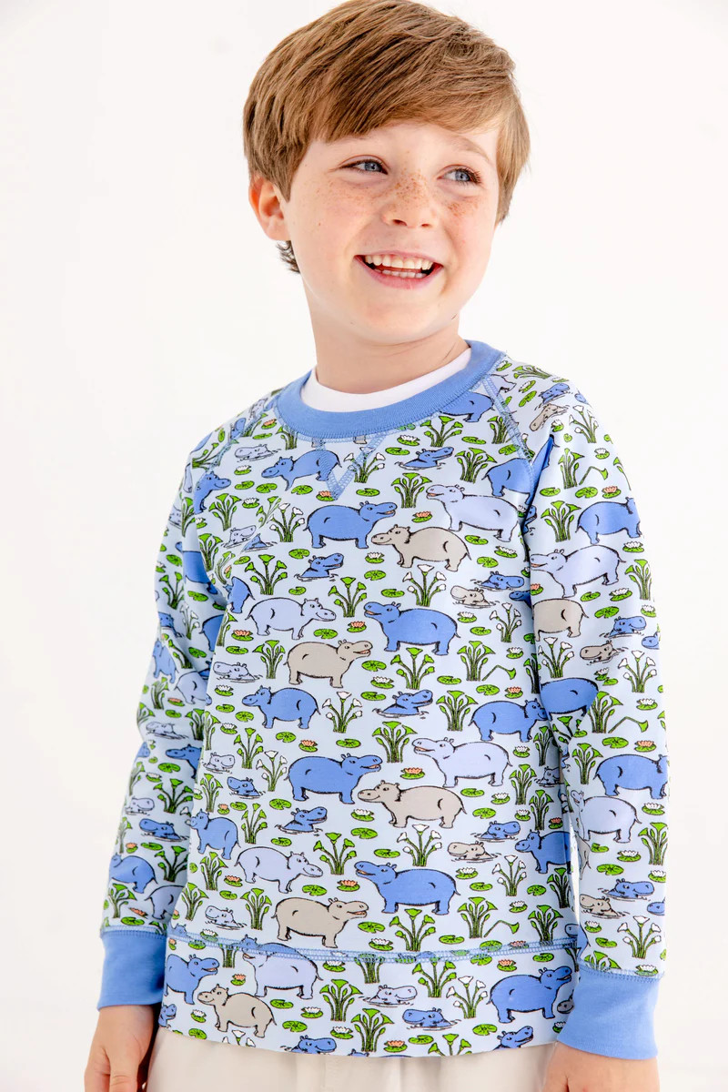 Cassidy Comfy Crewneck - Bal Harbour Hippo (Blue) | The Beaufort Bonnet Company