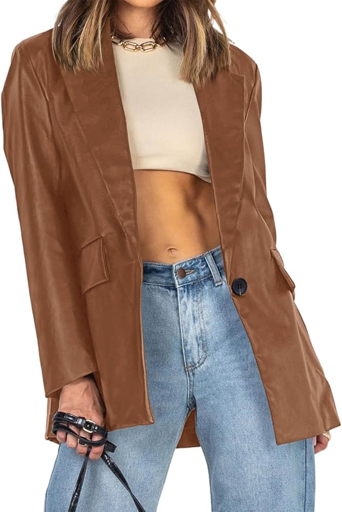 Pepochic Womens Oversized Leather Jacket Long Sleeve Faux Leather Blazer Lapel Button Down Leathe... | Amazon (US)