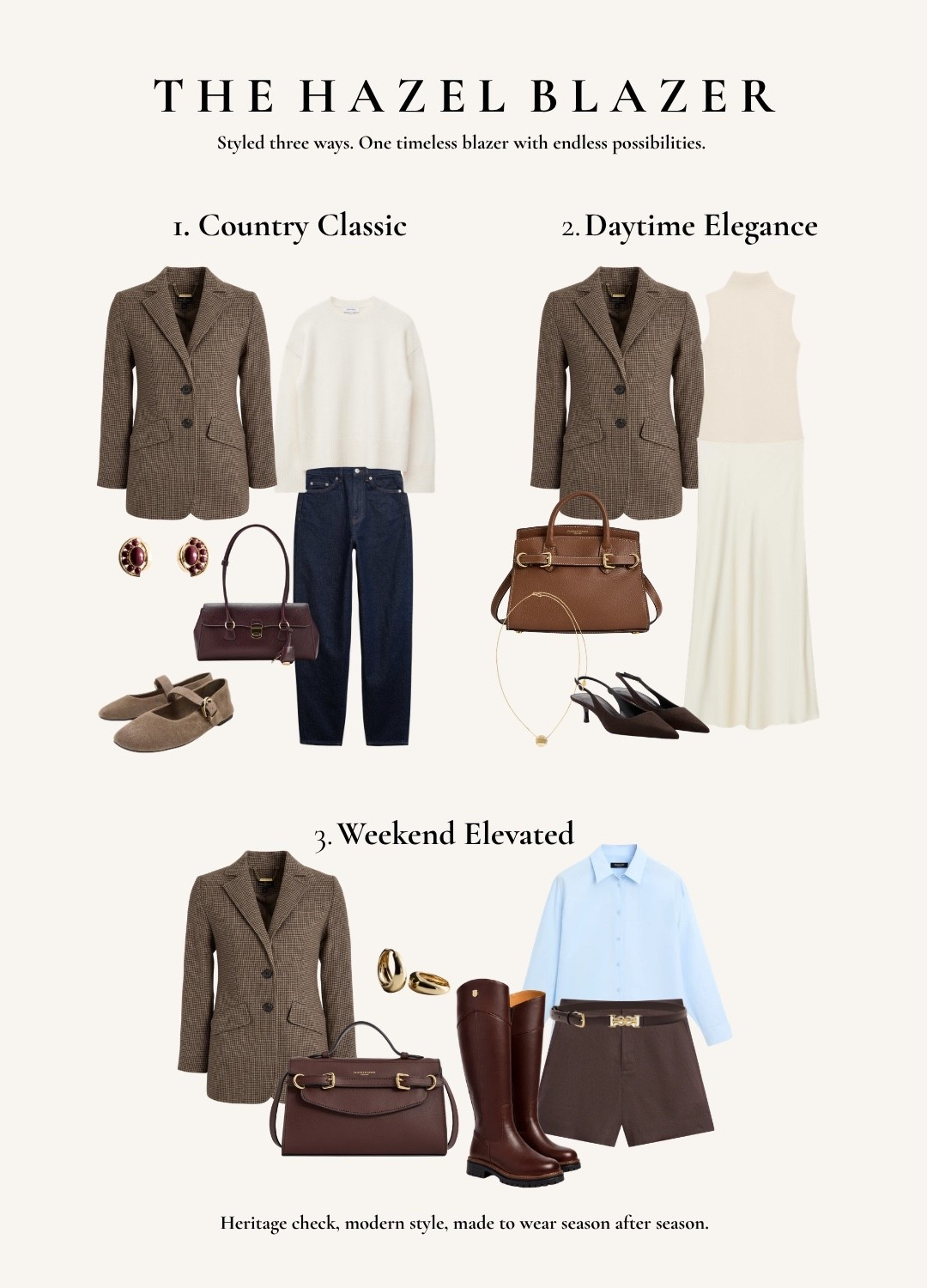 One blazer, three ways 🤎
Styling the Fairfax & Favor Hazel Blazer for the season ahead. I love the heritage check and beautifully tailored shape — worn here with denim for an everyday classic, soft neutrals for a more feminine feel, and long boots and tailoring for an elevated autumn look. Three very different ways to wear one timeless piece.

#LTKuk #LTKautumn #LTKluxury