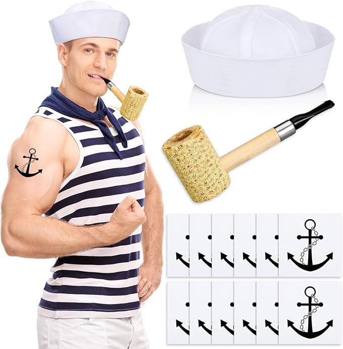 Suhine 12 Pcs Sailor Costume for Man Include Corn Cob Pipe White Sailor Hats Anchor Waterproof Te... | Amazon (US)