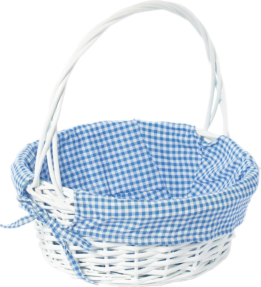 White Round Willow Gift Basket, with Blue Gingham Liner and Handle- Medium | Amazon (US)