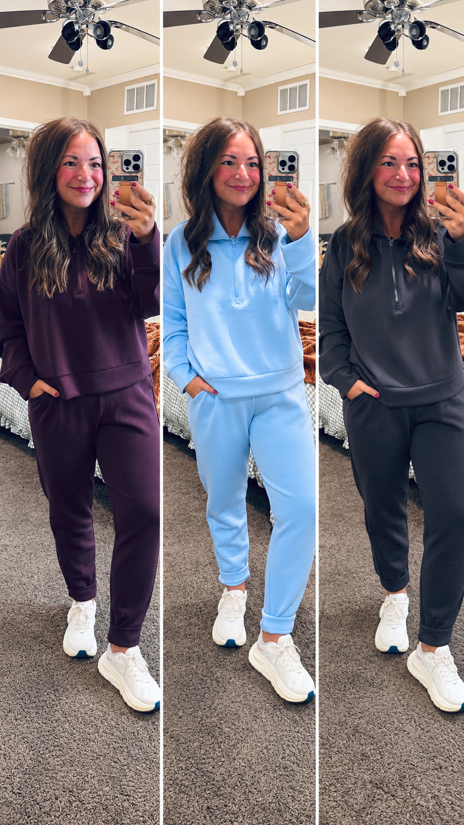 Comfy Walmart sets in three cute colors! 💙 A half-zip & matching joggers paired with sneakers for weekends, errands or travel. Which color is your favorite? 

 #LTKootd #LTKMidsize