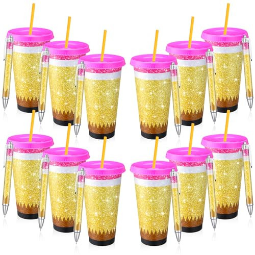 Skylety 12 Set Teacher Appreciation Gift Bulk Include 24oz Reusable Pencil Plastic Coffee Cup with Lid Straw Graduation Teacher Employee Appreciation Gift with Glitter Pen (Classic,Multicolor) | Amazon (US)