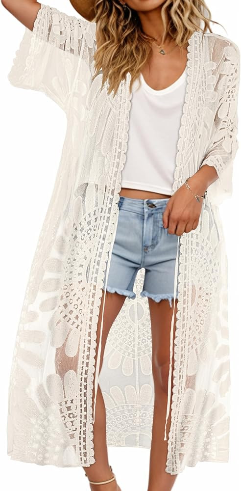 CHICGAL Womens Swimsuit Coverup Lace Bathing Suit Cover Up Beach Kimonos Long Cardigan Open Front... | Amazon (US)
