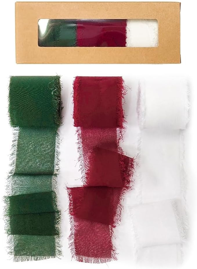 CT CRAFT LLC Frayed Chiffon Silk Ribbon 1-1/2 inch x 7 Yards x 3 Rolls Burgundy White Dark Green ... | Amazon (US)