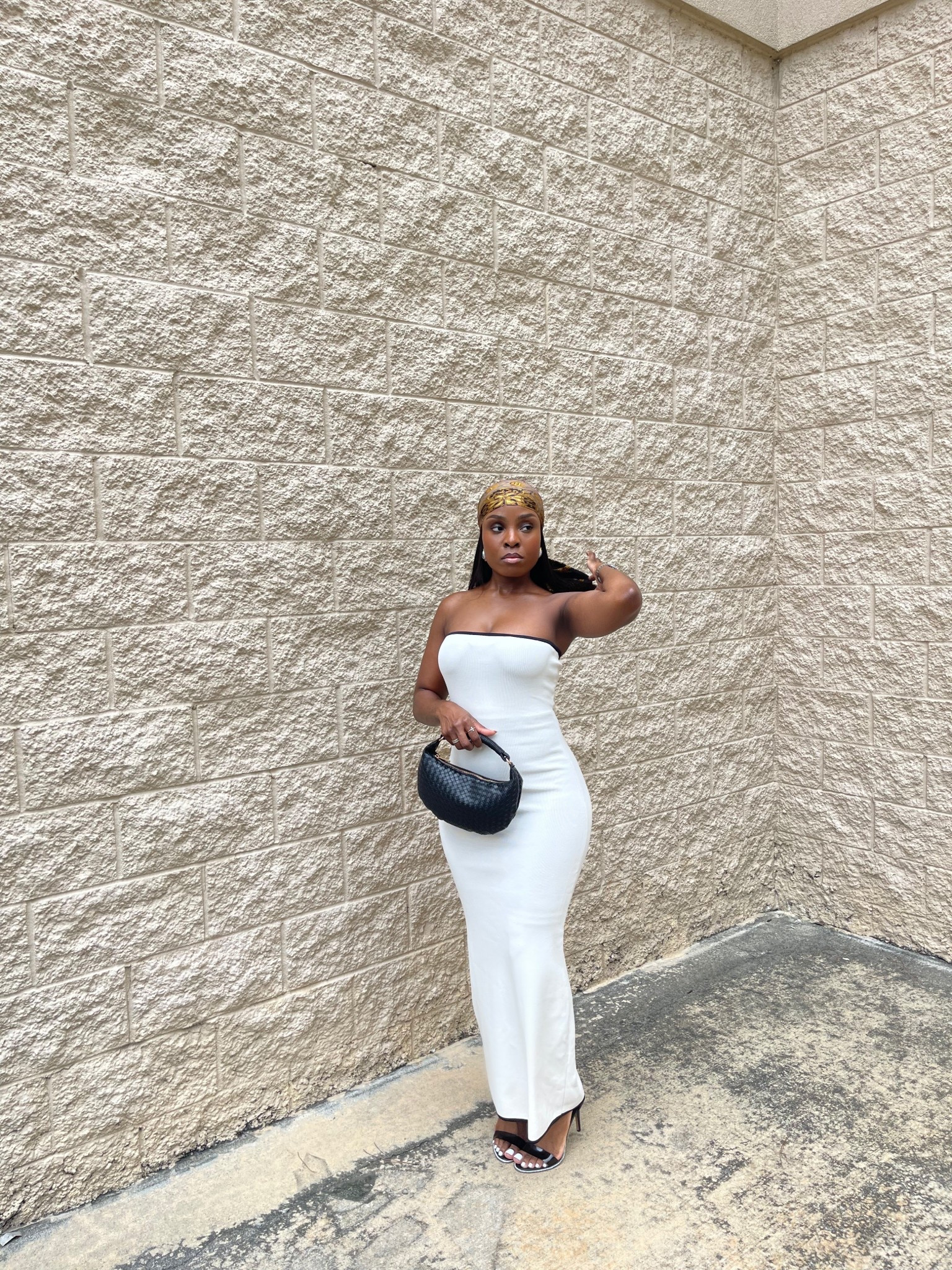 Fitted cream maxi dress, summer dress, strapless dress, silk head wrap, silk bohemian paisley print 