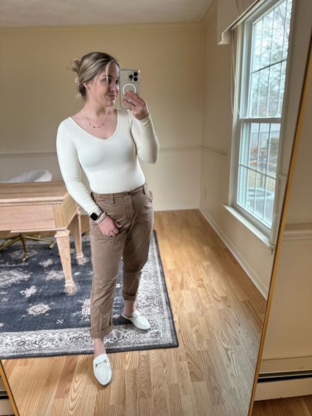 Ribbed Slimming long sleeve bodysuit, chino pants, mule shoes, claw clip 

#LTKstyletip #LTKunder50 #LTKFind