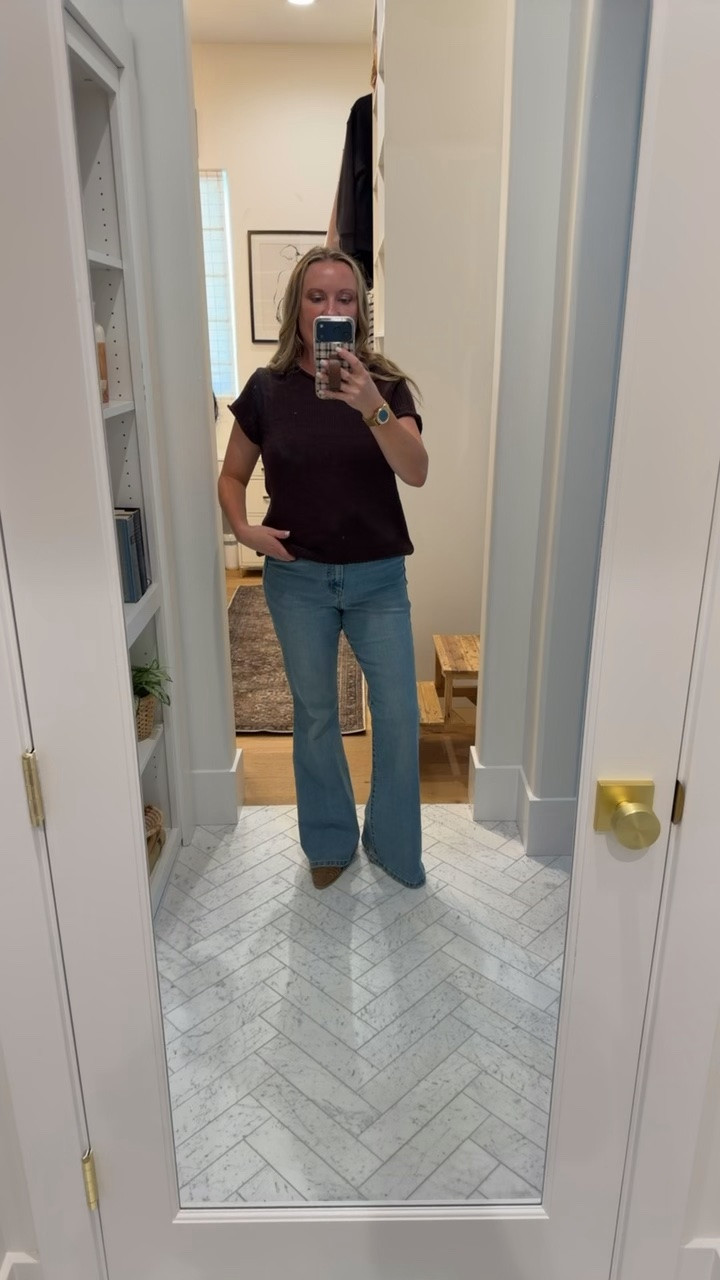 These Jessica Simpson flare jeans are under $8!!!!! Tons of sizes in stock!!! True to size and super flattering. Wearing a size 10, but could have done an 8. Wearing a large in the top, it runs small, go up a size or two. @Walmart

#LTKMidsize #LTKOver40 #LTKSaleAlert