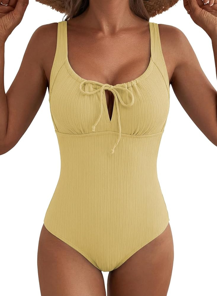 Aleumdr Womens Textured One Piece Swimsuit Tummy Control Bathing Suit Tie Knot Cutout Swimwear | Amazon (US)
