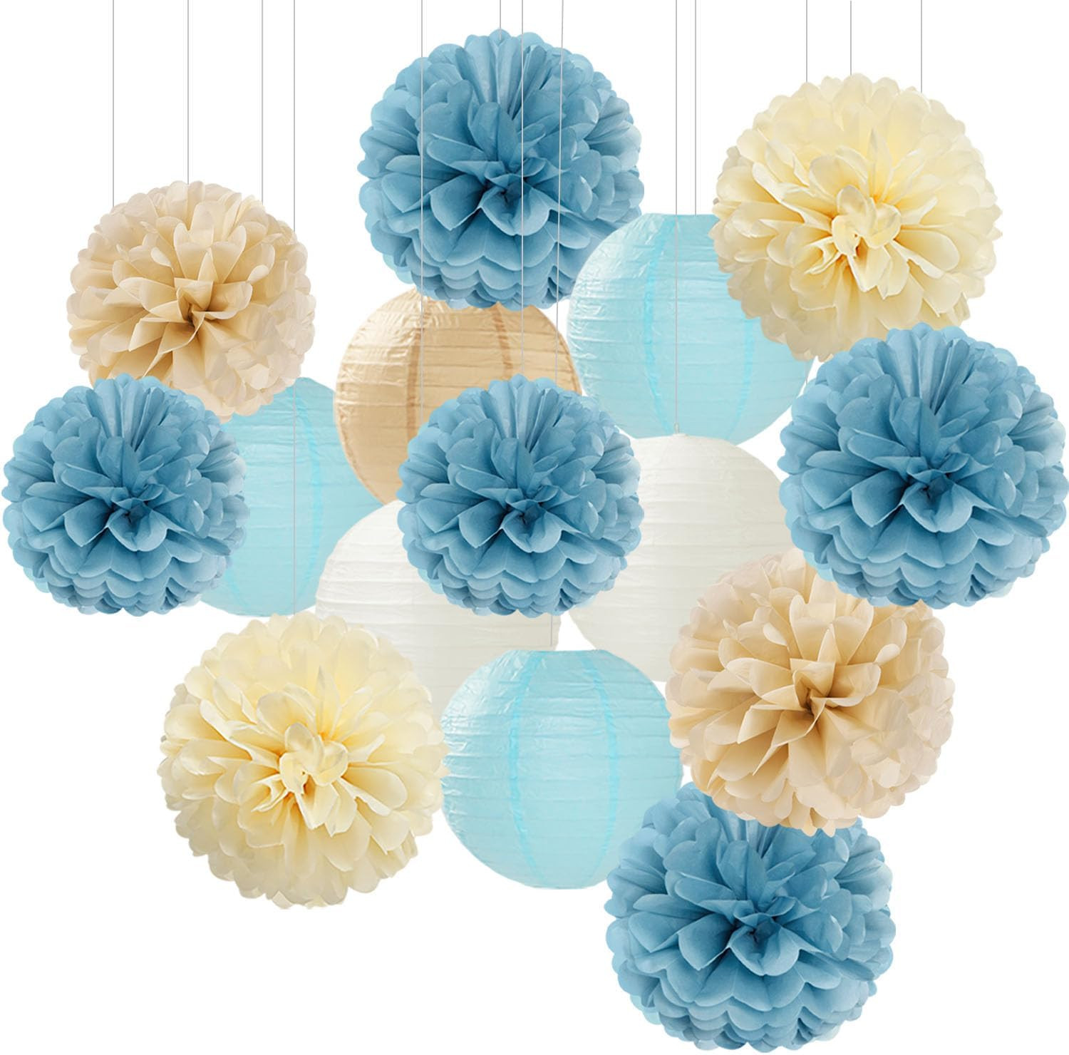 Dusty-Blue Champagne Party-Decorations Paper-Flowers Lanterns - 15pc Boho Beige Gold Tissue Pom P... | Amazon (US)