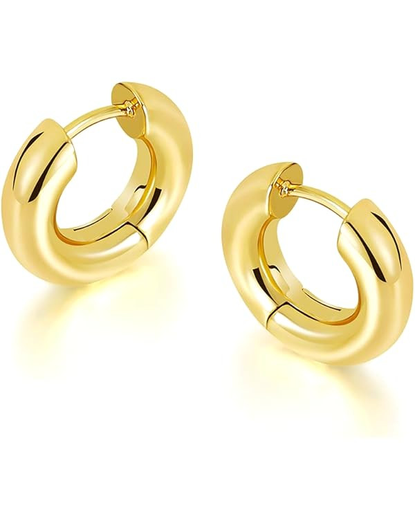FAMARINE Small Chunky Thick Hoop Earrings for Women Girls Gold Hoops Huggie Earrings for Men Gift... | Amazon (US)