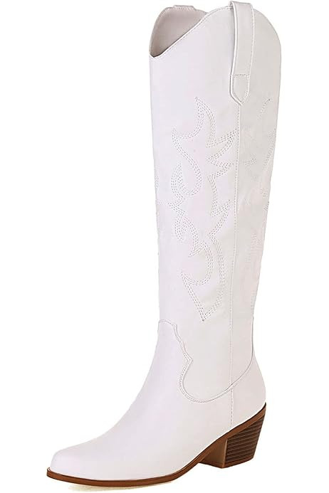 Richealnana Cowboy Boots for Women Embroidered Square Toe Distressed Pull-On Cowgirl Knee High Weste | Amazon (US)