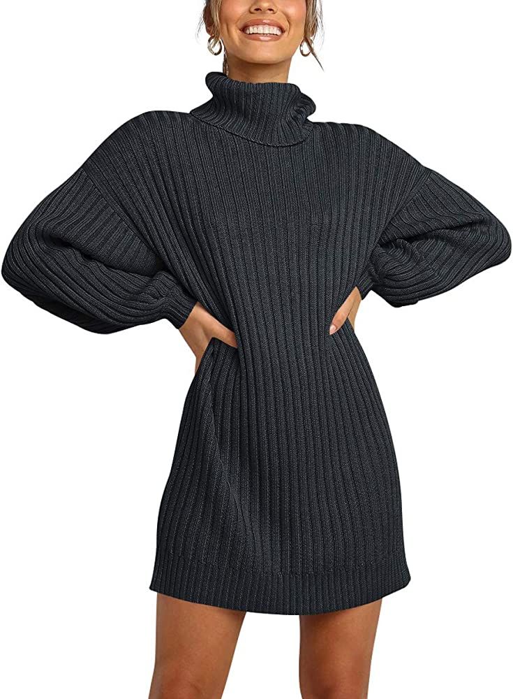 LOGENE Women's Sweater Dress Turtleneck Long Balloon Sleeve Ribbed Knit Oversized Pullover Dresses | Amazon (US)