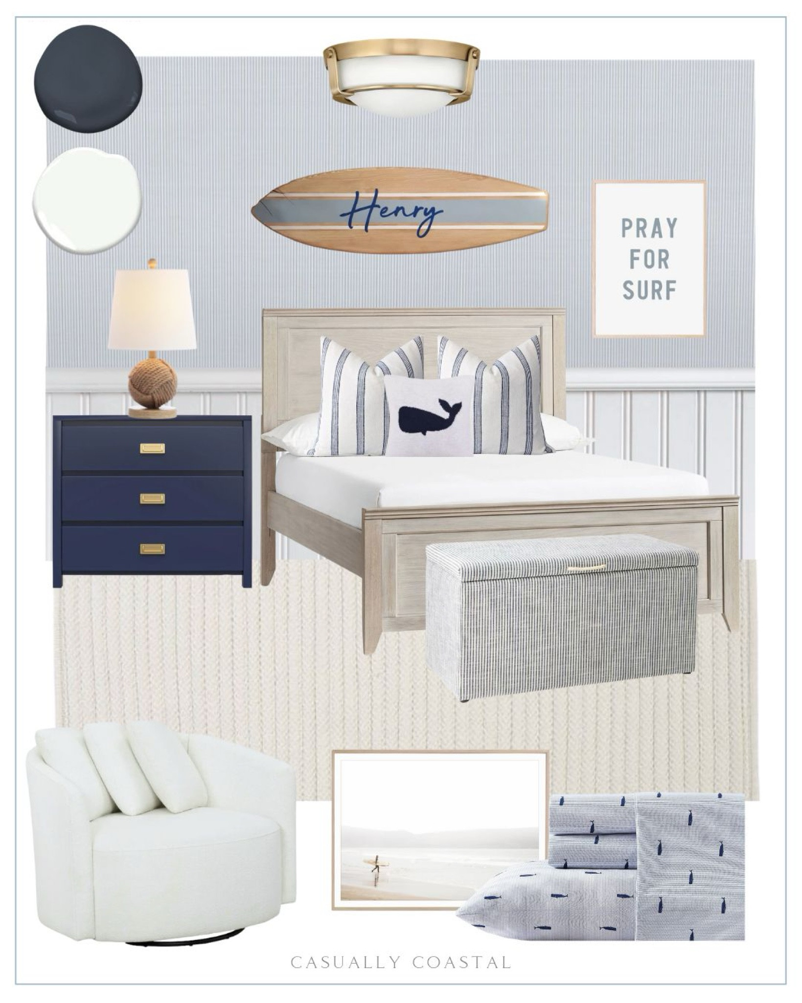 Coastal Bedroom ideas for boys! 💙 

Paint colors - hale navy & Chantilly lace
- 
Coastal bedroom, boys room, boys bedroom, toddler bedroom, coastal home decor, coastal decor, coastal style, beach home, beach house decor, beach house bedroom, blue and white bedroom, wooden bookcase, glass flush mount, surfboard decor, surfboard personalized wall art, wooden surfboard, solid area rug, coastal area rug, bedroom rug, 8x10 area rug, whale knitted throw pillow, bed pillows, pillow styling, bedroom mood board, bedroom design, storage bench, target furniture, upholstered bedroom bench, coastal lamp, Amazon lamps, nautical lamps, seersucker stripe wallpaper, 2 drawer nightstand, navy blue nightstands, coastal nightstands, boys nightstand, minimalist beach print, surfer poster board, coastal artwork, nautica twin sheets, cotton sheets, Amazon sheets, cotton percale bedding set, Walmart accent chair, bedroom chair, toy storage, blue & white sheet set, pray for surf artwork, pray for surf print, Hampton classic bed, navy stripe pillow cover, twin beds, pottery barn beds, full size beds, light wood bed, neutral rugs, soft rugs, brass flush mount light, bedroom lighting, coastal lighting, kids bedroom ideas, airbnb decor

#LTKfindsunder100 #LTKfindsunder50 #LTKhome

#LTKFindsUnder100 #LTKSaleAlert #LTKHome