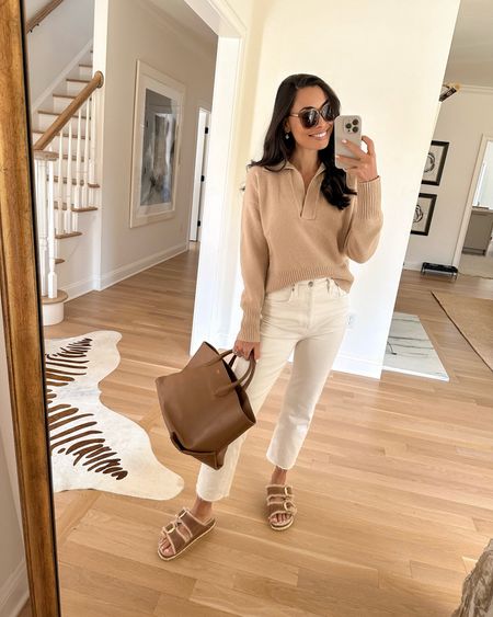 Cashmere sweater, denim jeans, fuzzy Birkenstock sandals, Khaite leather tote bag, spring outfit. 

#LTKitbag #LTKshoecrush #LTKSeasonal