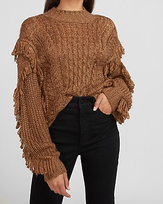 Metallic Fringe Cable Knit Mock Neck Sweater | Express