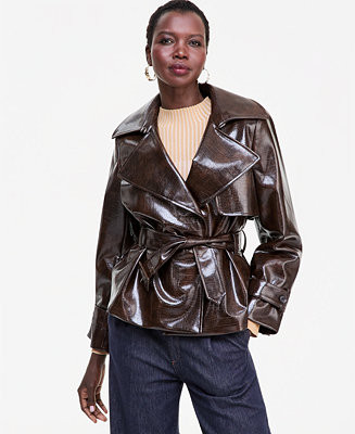 Women's Crocodile-Embossed Belted Faux Leather Jacket | Macy's
