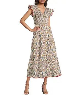 Country Floral Print V-Neck Sleeveless Poplin Midi Dress | Dillard's