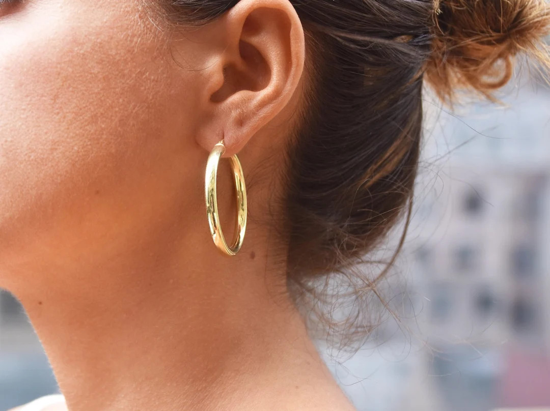 14K Gold 4MM Hoop Earrings Sizes 40mm50mm60mm70mm - Etsy | Etsy (US)