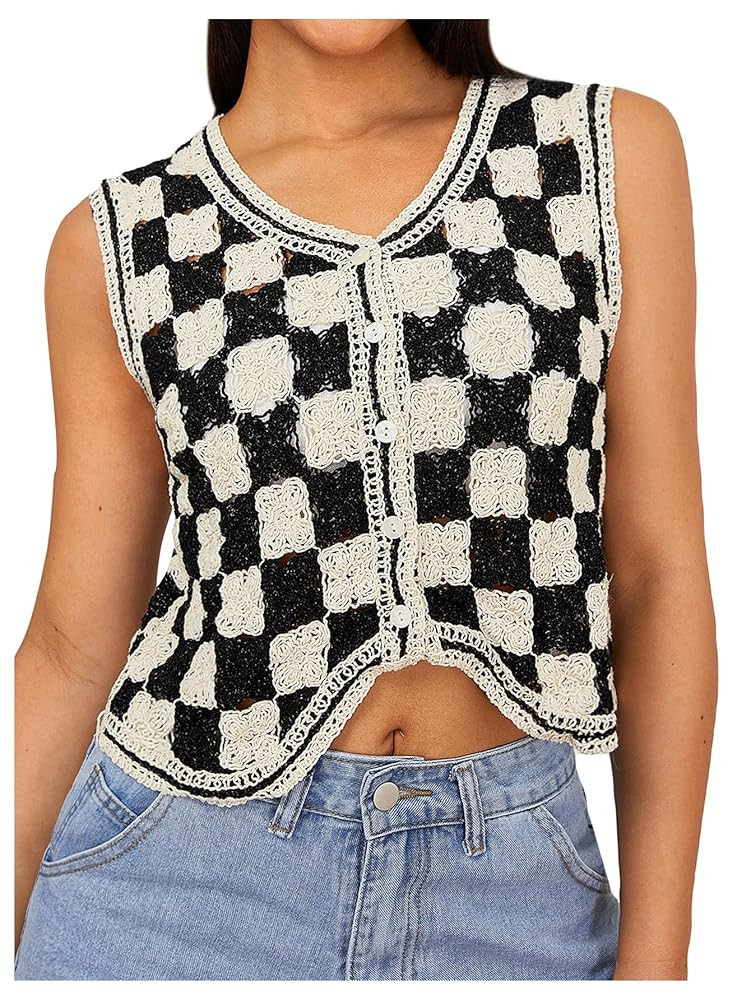 Verdusa Women's Button Front V Neck Sleeveless Crochet Plaid Checkered Knit Sweater Vest | Amazon (US)