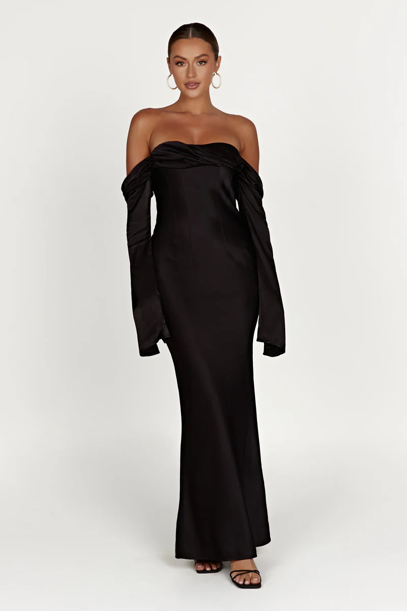 Giselle Off Shoulder Cowl Neck Maxi Dress - Black | MESHKI US