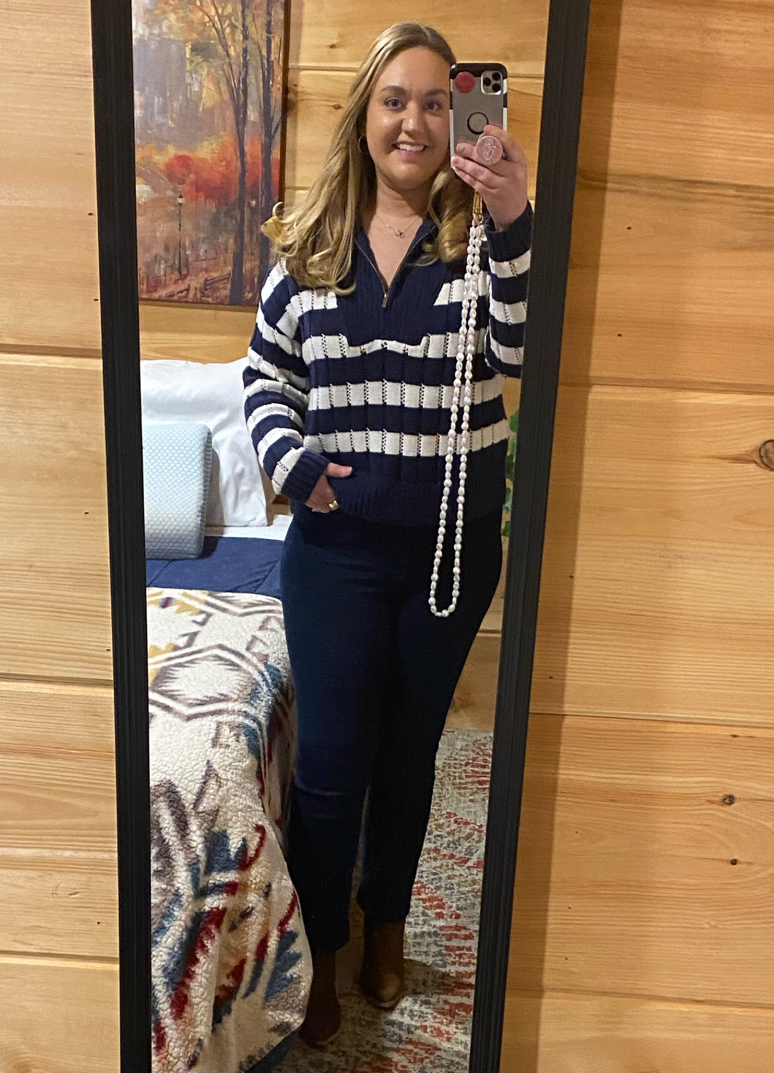 Navy blue and cream, striped sweater, quarter zip sweater, midsize style, affordable fashion, target sweater, pearl phone strap, dark denim jeans, weekend outfit, sweater and jeans

#LTKFindsUnder50 #LTKMidsize #LTKTravel