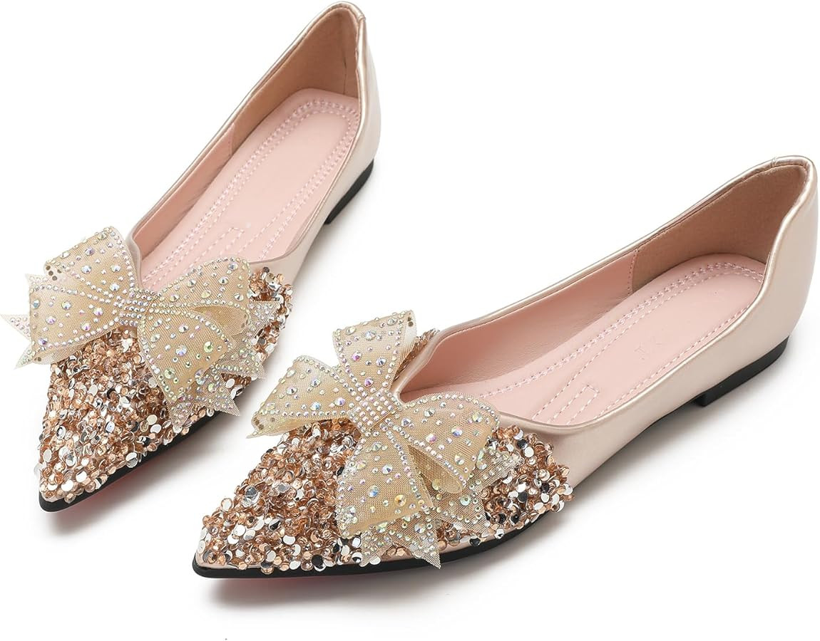 Flats Shoes Women Rhinestone Wedding Flats Comfort Pointed Toe Ballet Flat Shoe Low Heel Dress Sh... | Amazon (US)
