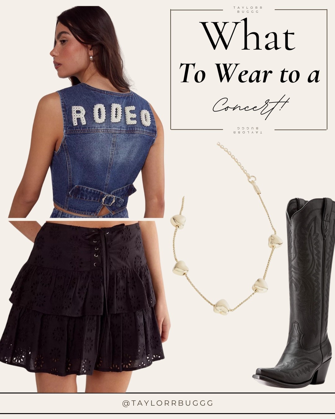 Concert fit goals: denim, tiers, and a little yeehaw energy.
This look is made for summer nights under the stars, dancing to your favorite country songs.
Linked my rodeo-ready vest, eyelet ruffle mini, western boots & gold heart necklace—all in my LTK!

Shop the look:
Denim Vest | Eyelet Skirt | Cowboy Boots | Gold Heart Necklace
@taylorrbuggg on LTK

#LTKSeasonal #LTKSaleAlert #LTKShoeCrush
