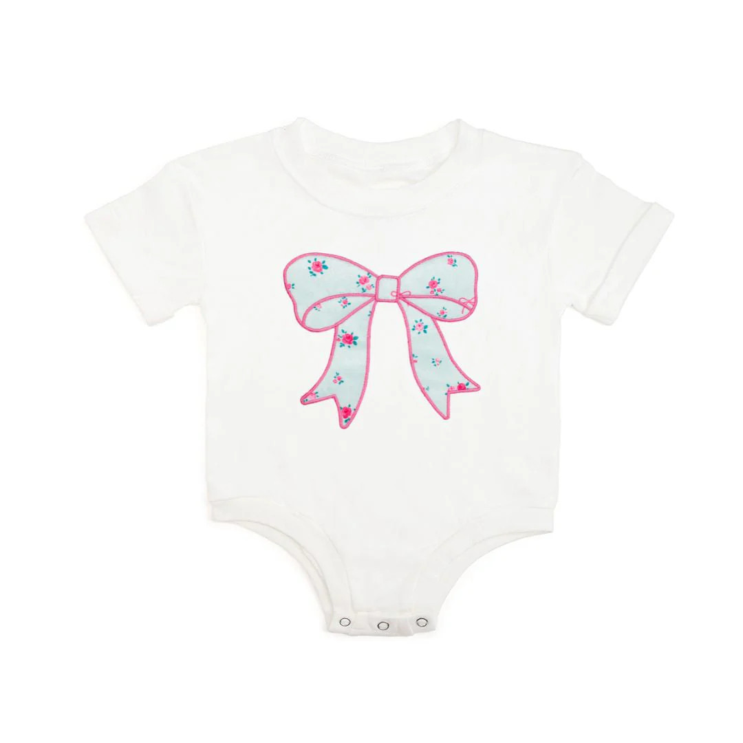 Sky Blue Floral Bow Patch Short Sleeve Romper - White | Sweet Wink