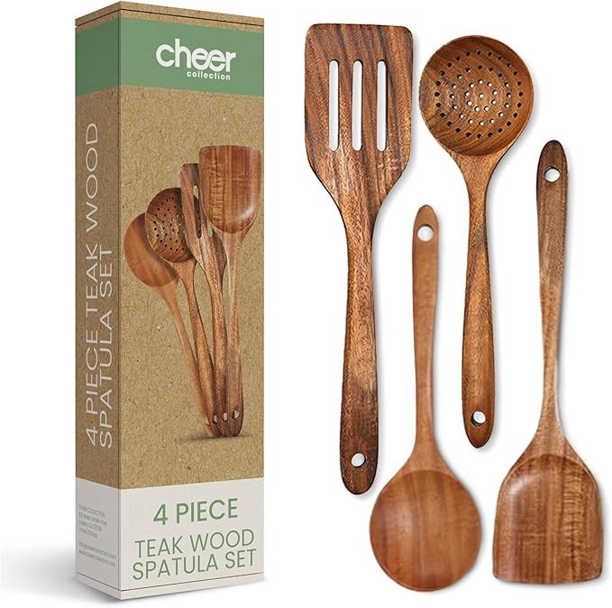 Cheer Collection Teak Wooden Utensil Set – 4-Piece Wood Spatula for Cooking, Wooden Kitchen Ute... | Amazon (US)
