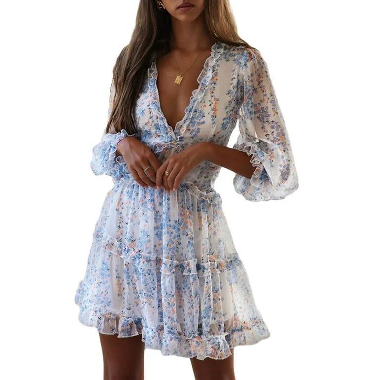 Dokotoo Womens Blue Deep V-Neck Long Sleeve Floral Print Ruffle Hem Dress Size Small US 4-6 - Wal... | Walmart (US)