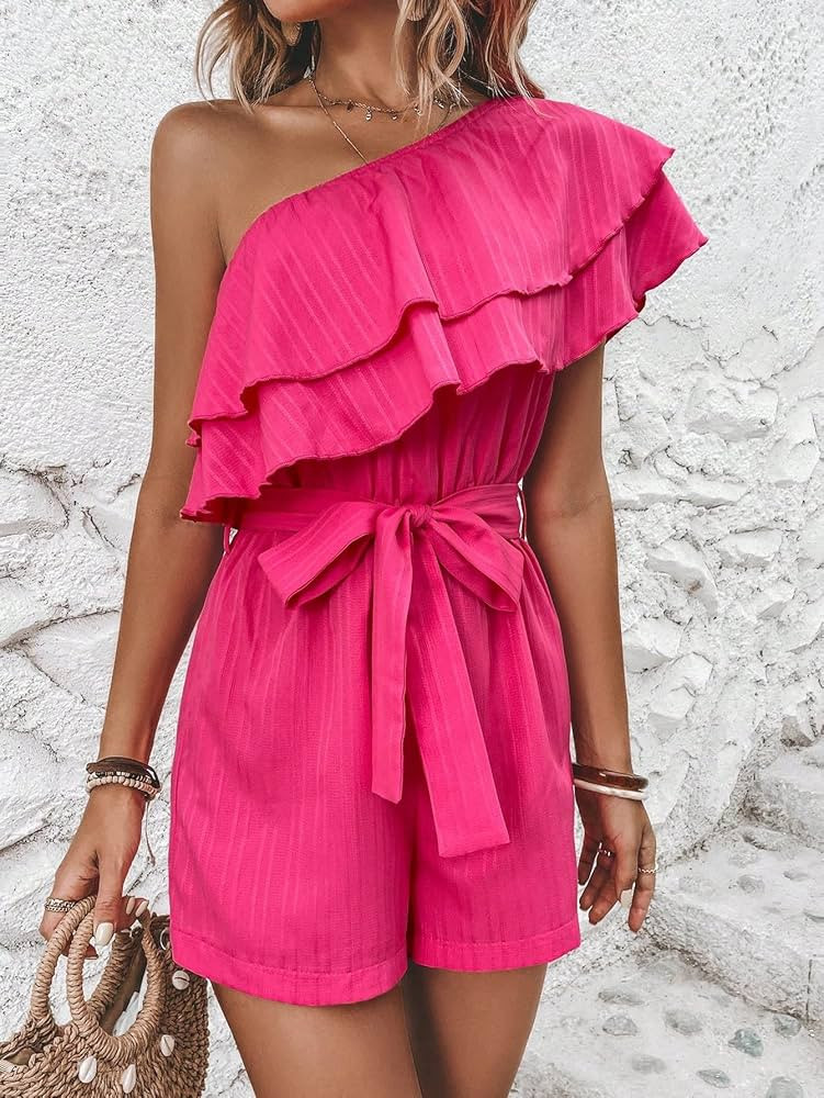 DIERAN Womens Casual Short Rompers One Shoulder Ruffle Trim Belted Romper Shorts Jumpsuits | Amazon (US)