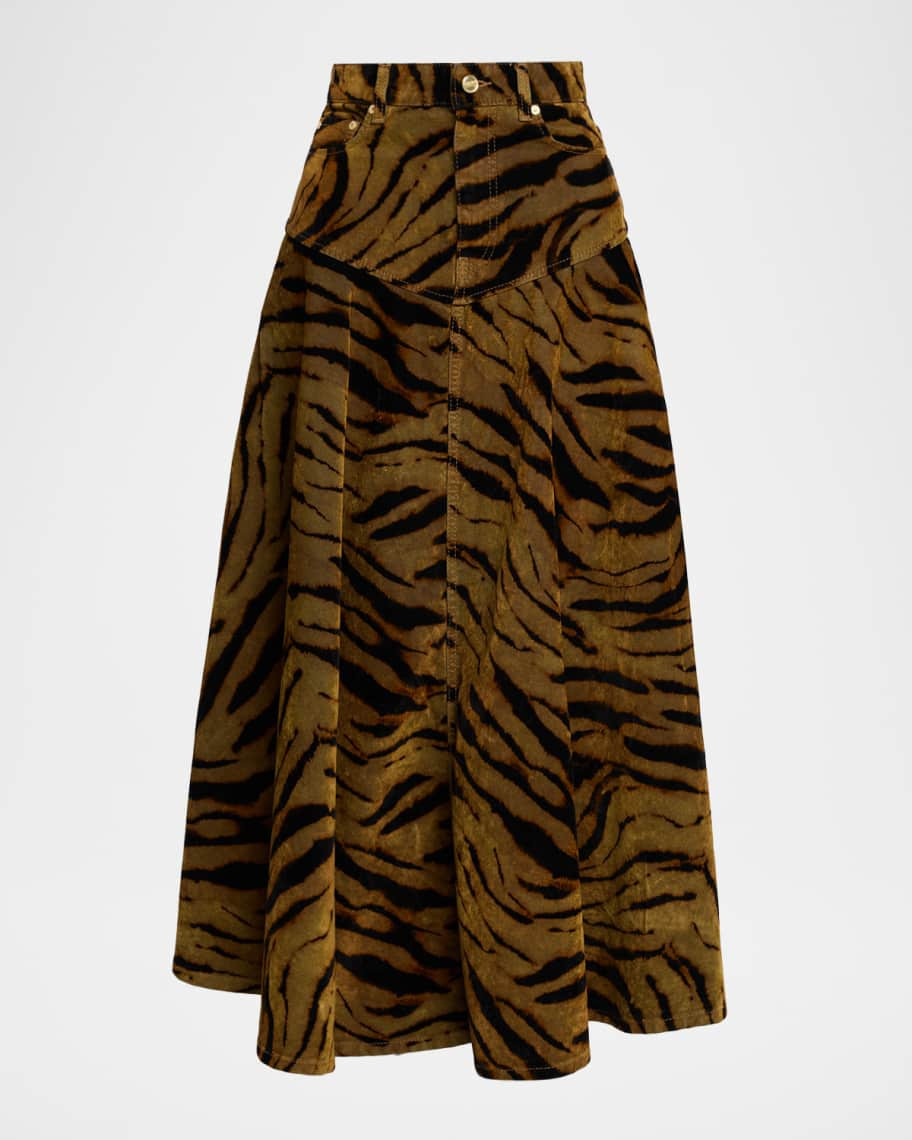 Ganni Tiger-Print Denim maxi Skirt | Neiman Marcus