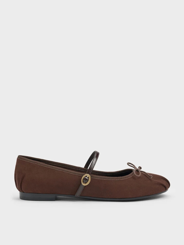 Emiko Faux Suede Bow Mary Jane Flats - Dark Brown Textured | Charles & Keith US