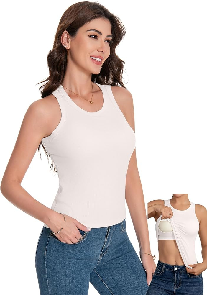 LuneNuelle Womens Tank Top Sleeveless - Built-in Bra Ribbed Racerback Crew Neck Slim Fitted Casua... | Amazon (US)