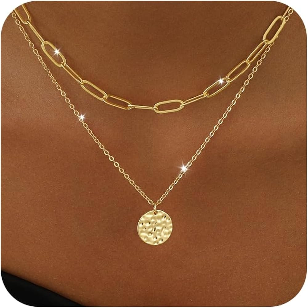 Layered Necklaces for Women 14K Gold Plated Stack Circle Pendant Trendy Long Chain Stackable Hand... | Amazon (US)