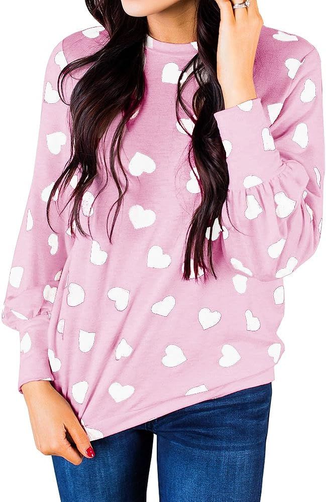 Valphsio Womens Long Sleeve Heart Prints Blouse Crew Neck Valentines Tshirt Sweatshirt | Amazon (US)