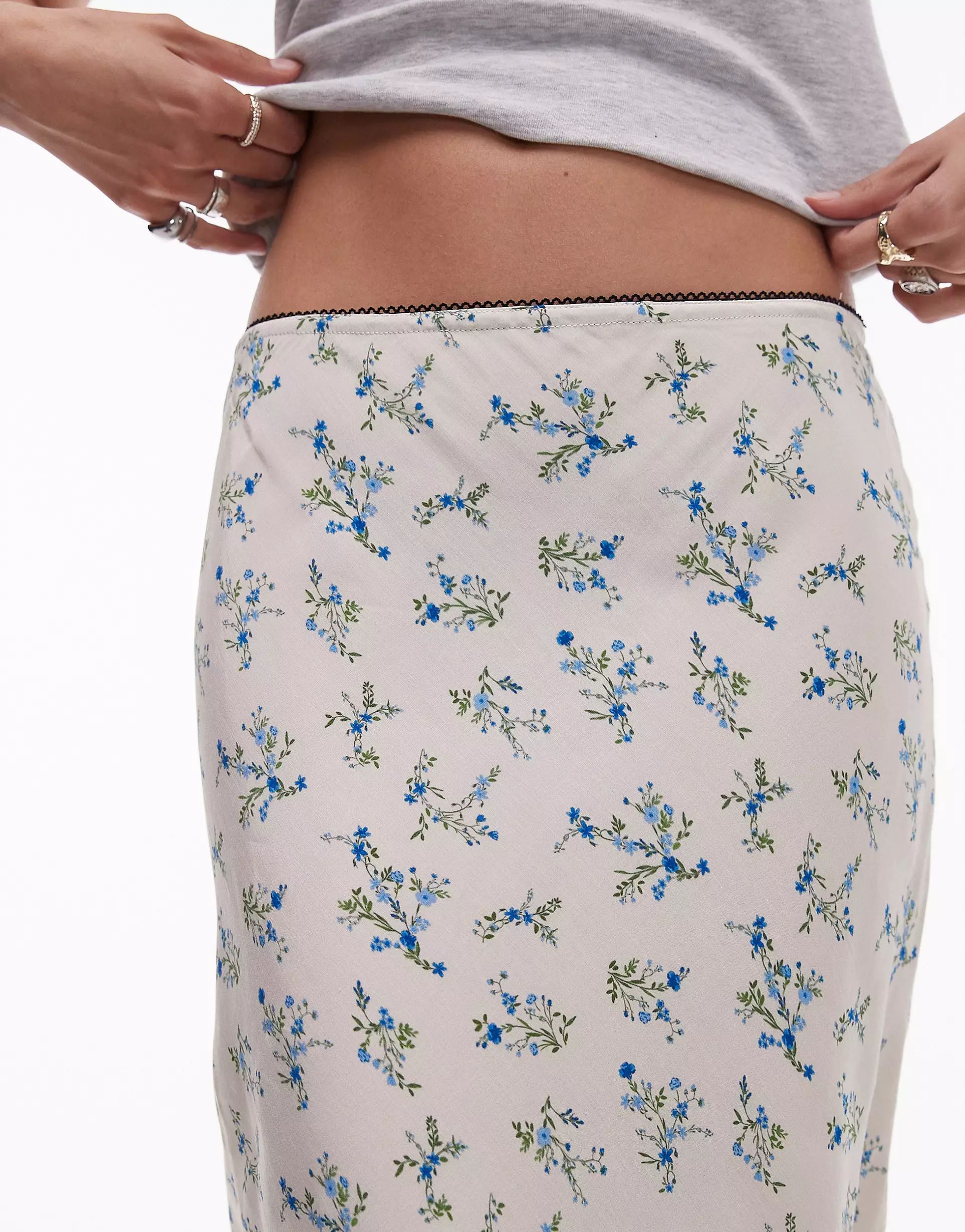 Topshop vintage lace ditsy floral 90s length bias skirt in blue and ivory | ASOS (Global)