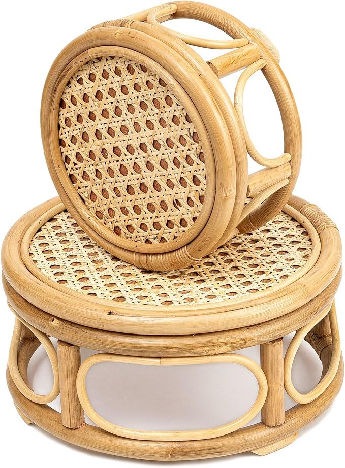 Pack of 2 Large Boho Rattan Wicker Round Riser Plant Stand Indoor | Rustic Farmhouse Natural Wood... | Amazon (US)