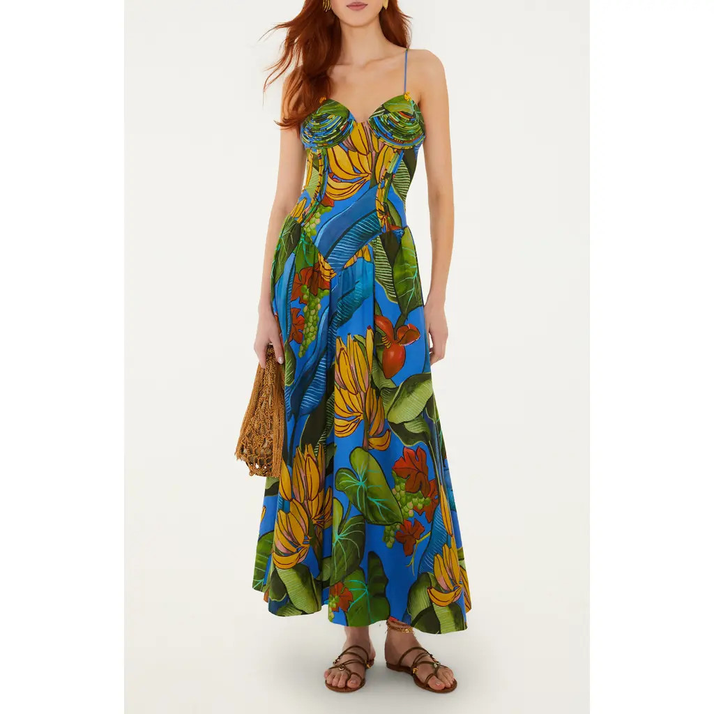 FARM Rio Fruit Print Linen Blend Maxi Dress in Blue at Nordstrom, Size Small | Nordstrom