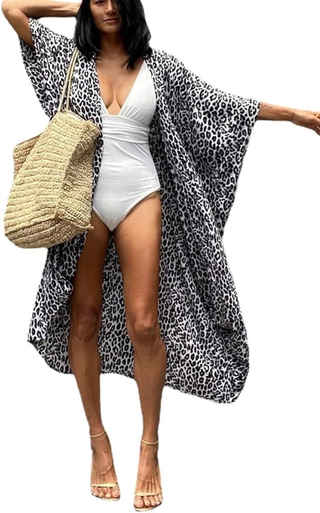 Women Long Beach Kimono Curve Hem Loose open front Bathing suit cover up | Amazon (US)
