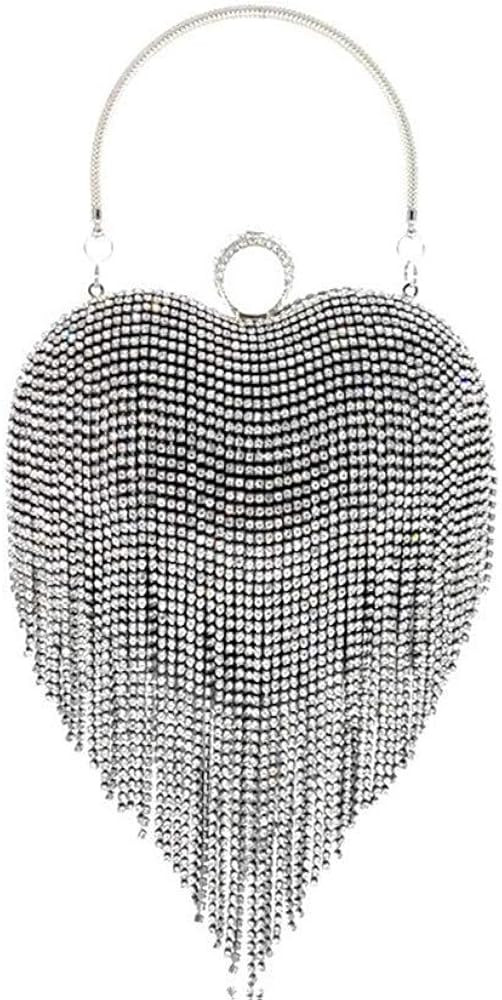 UMREN Women Luxury Heart Shape Tassel Evening Clutch Bag Rhinestones Wedding Party Purse Handbag | Amazon (US)