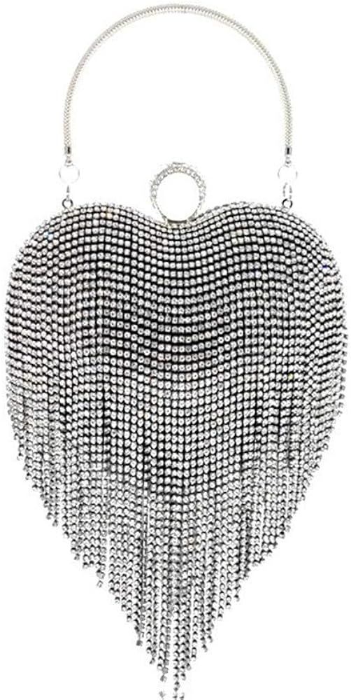 UMREN Women Luxury Heart Shape Tassel Evening Clutch Bag Rhinestones Wedding Party Purse Handbag | Amazon (US)