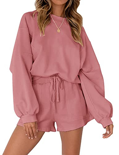 MEROKEETY Women's 2025 Fall Oversized Batwing Sleeve Lounge Sets Casual Top and Shorts 2 Piece Outfits Sweatsuit Pink | Amazon (US)