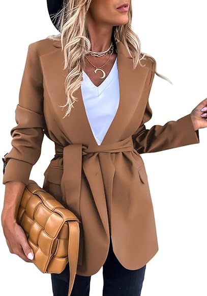 Happy Sailed Womens Fashion Belted Blazer Open Front Long Sleeve Office Blazer Bussiness Casual J... | Amazon (US)