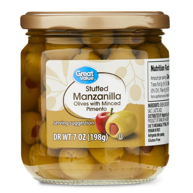 Great Value Stuffed Manzanilla Olives with Minced Pimento, 7 oz Jar - Walmart.com | Walmart (US)