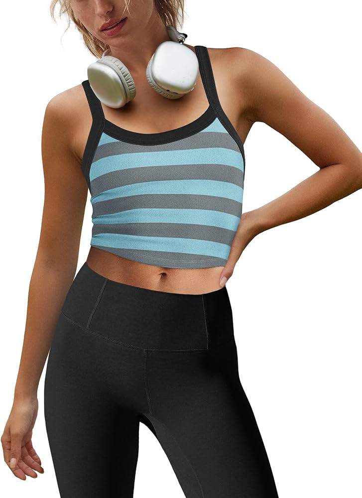 LAMISSCHE Cropped Tank Tops for Women Striped Spaghetti Strap Tank Top Workout Running Sports Bra... | Amazon (US)