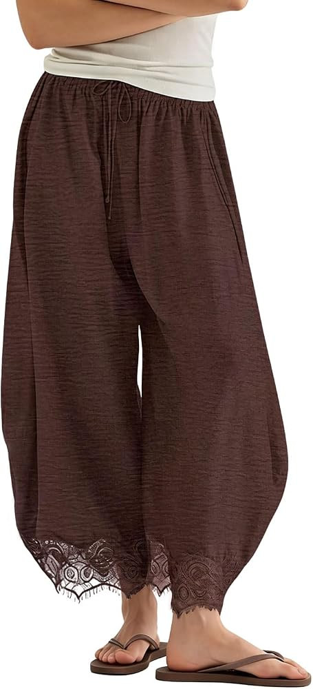 YESNO Women's Summer Wide Leg Lace Trim Cropped Barrel Pants PBP | Amazon (US)